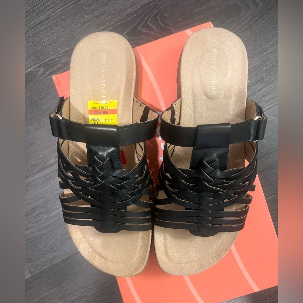 NIB Easy Spirit Women's Shoes  Black Leather Mindi Slip-On Sandals 8.5 M